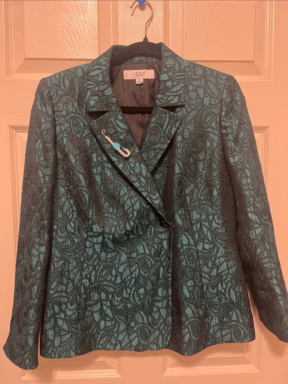 Le Suit Teal and Black Patterned Women's Blazer